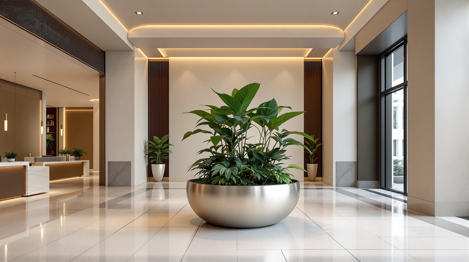 Maceta bowl de acero inoxidable pulido satinado en lobby interior de hotel
