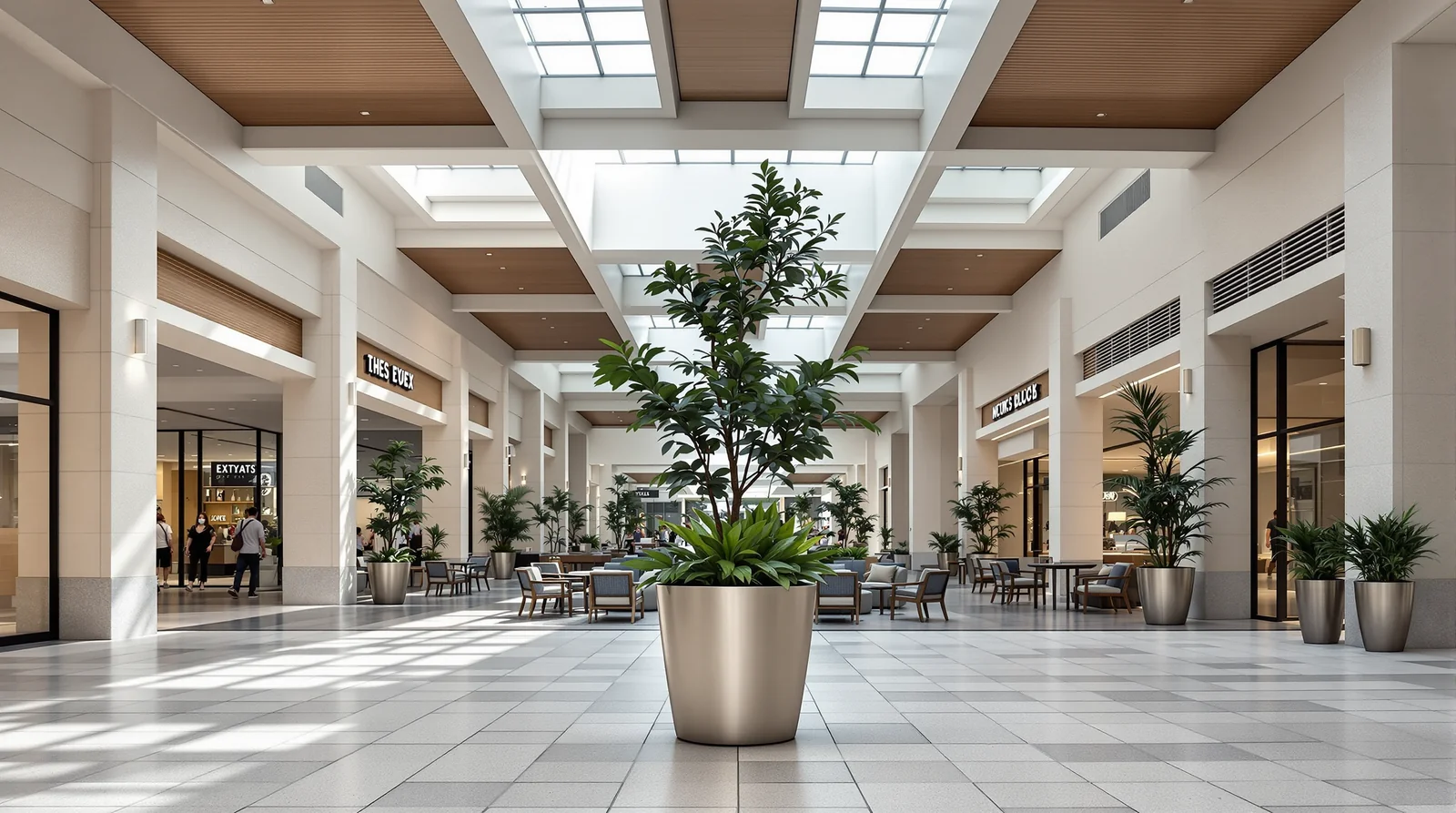 Maceta cilíndrica vertical de acero inoxidable pulido satinado plateado en atrium cubierto de plaza comercial mexicana, luz natural filtrada