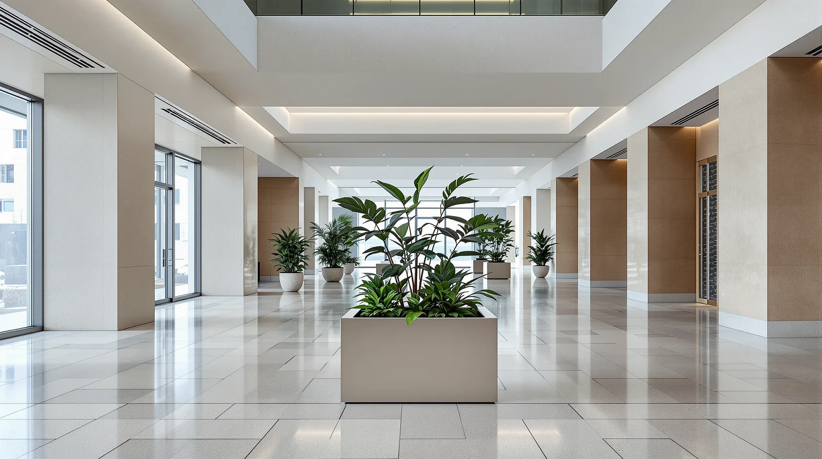 Maceta bowl de acero inoxidable pulido satinado plateado en lobby corporativo de oficina contemporánea en CDMX, luz neutra