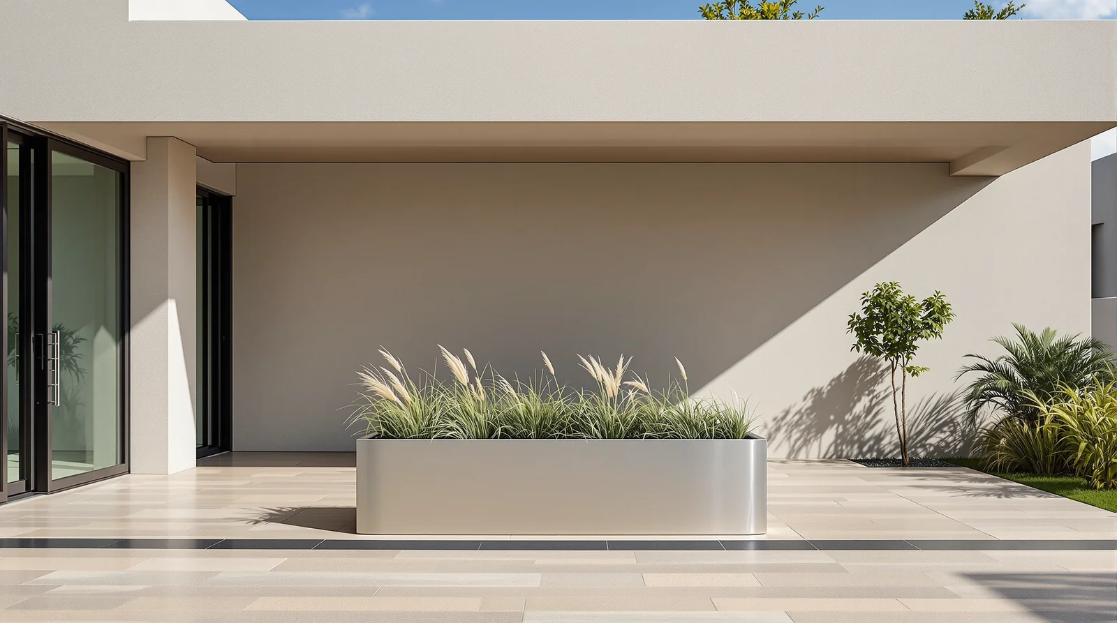 Jardinera rectangular larga de acero inoxidable pulido satinado plateado en terraza cubierta de hotel boutique mexicano, luz natural filtrada