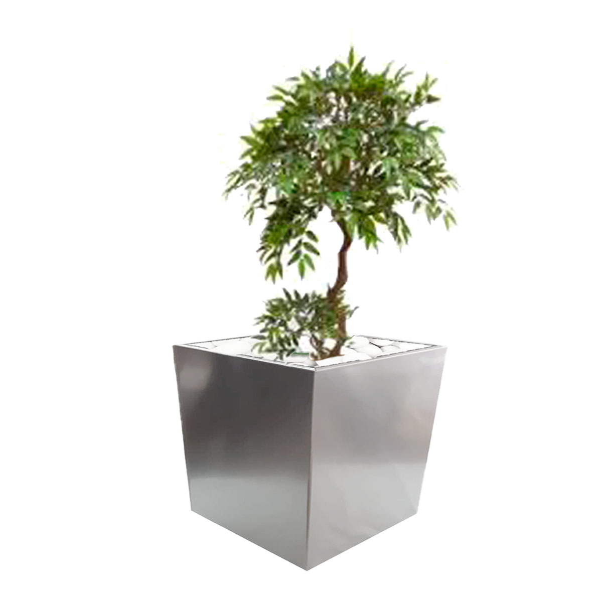 Maceta cubo chica de acero inoxidable de 33 cm de alto con ruedas para exterior