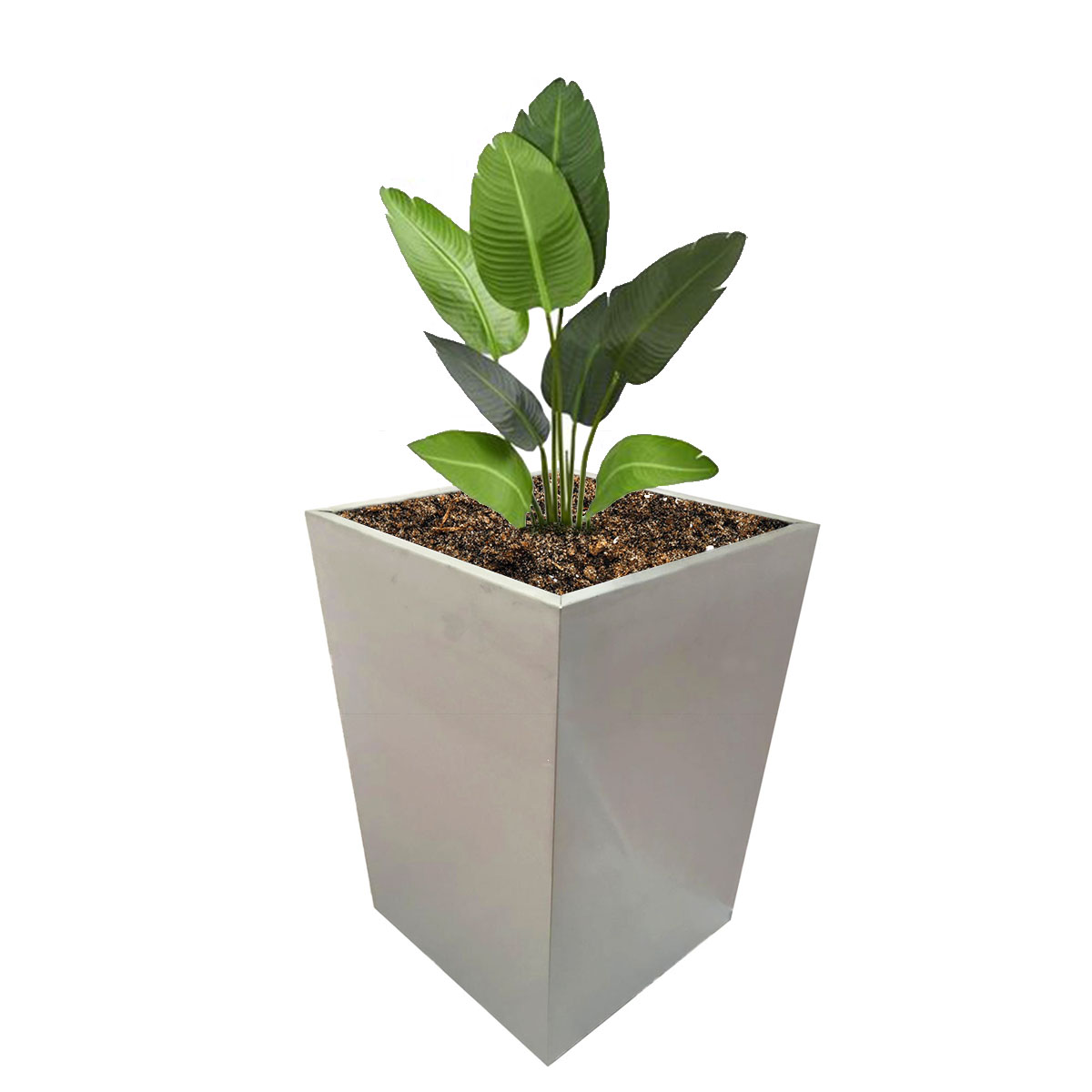 Maceta cubo grande de acero inoxidable de 64 cm de alto con ruedas para exterior y proyectos urbanos
