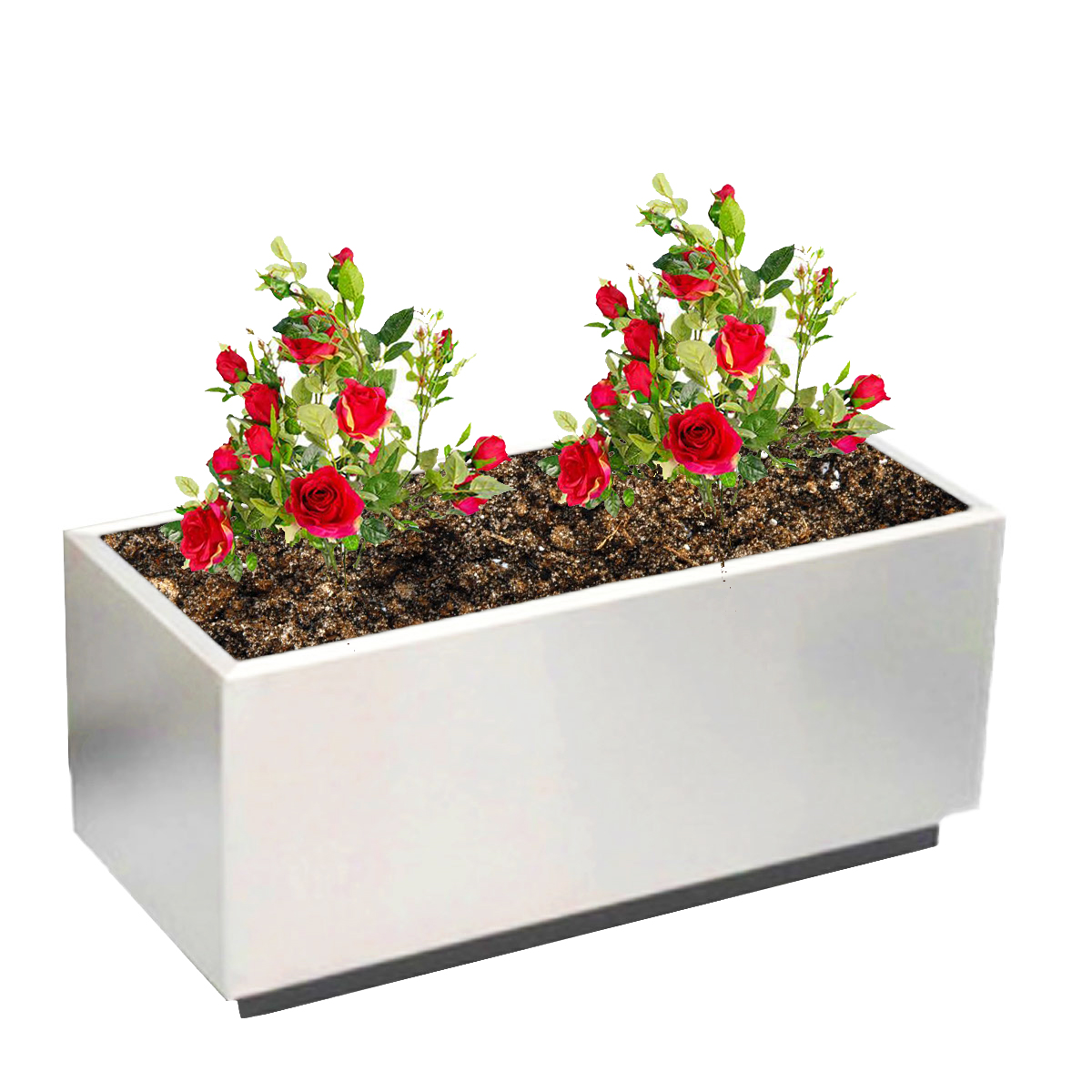 Maceta rectangular mediana de acero inoxidable de 90 cm de largo con ruedas para exterior