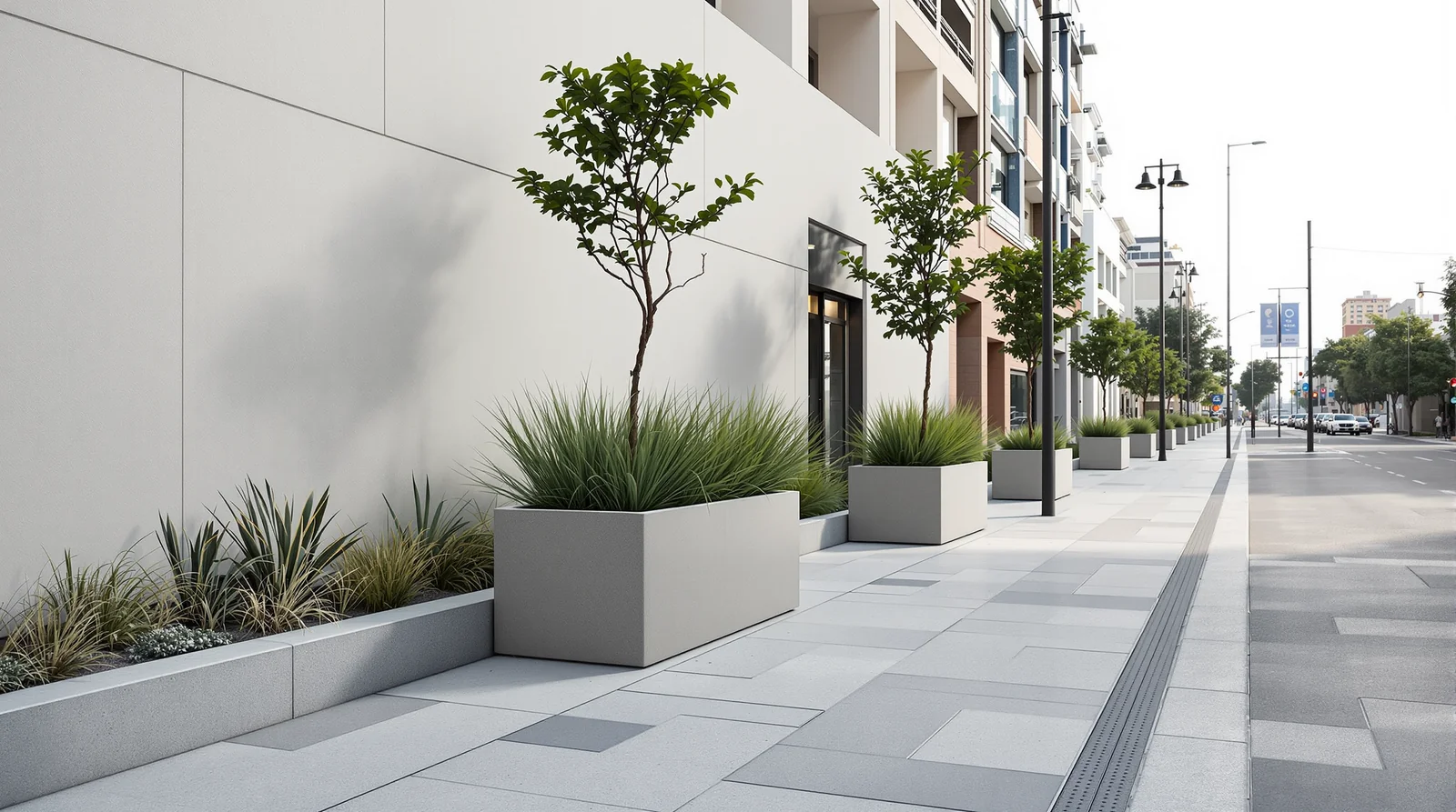 Jardineras rectangulares verticales de concreto pulido en banqueta peatonal de avenida urbana