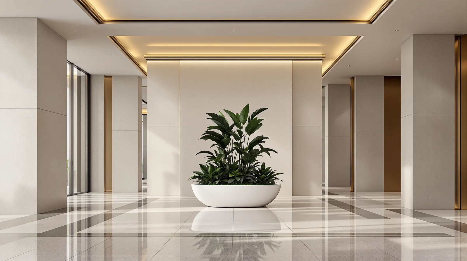 Bowl monumental blanco de fibra de vidrio en lobby premium de desarrollo residencial