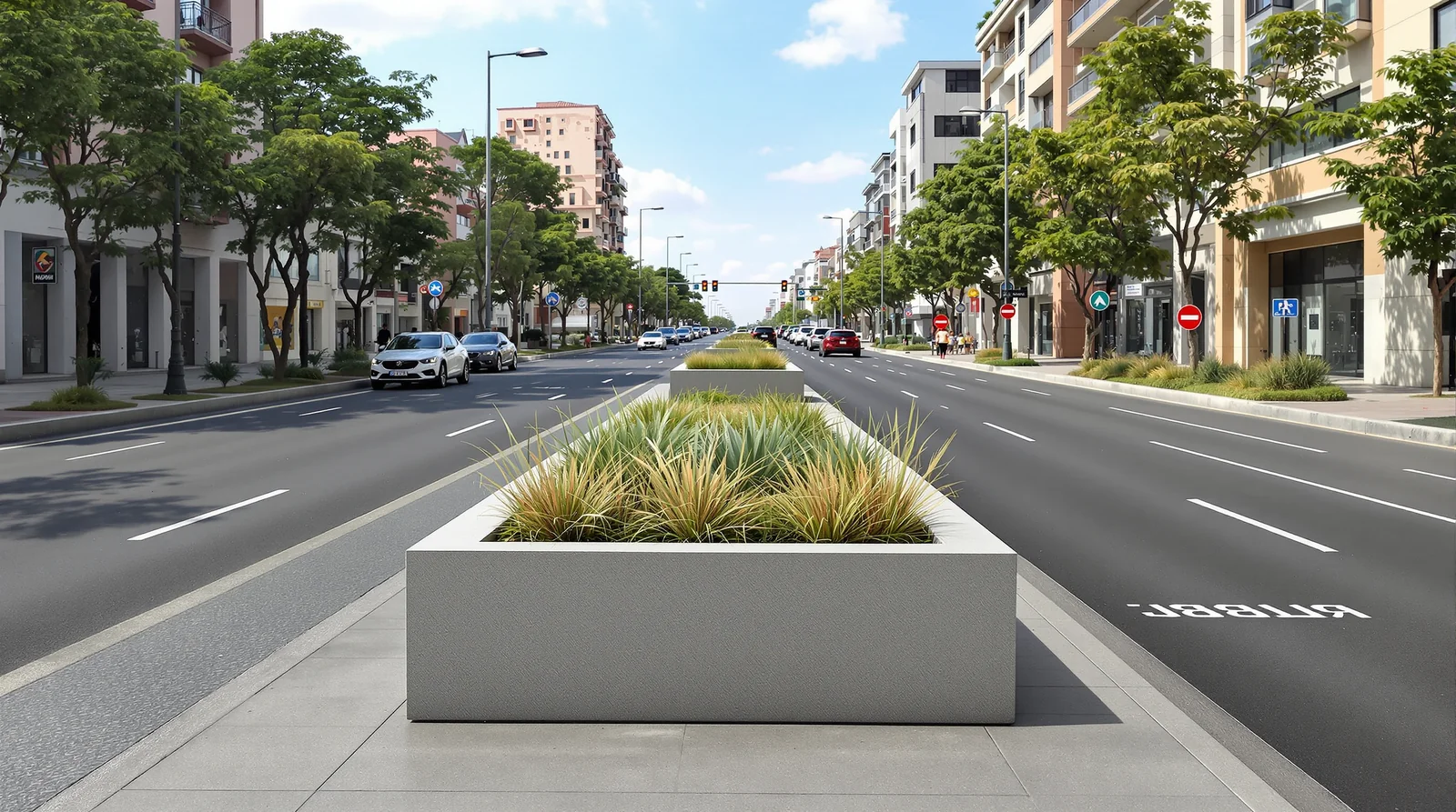 Jardinera rectangular de concreto reforzado en camellón central