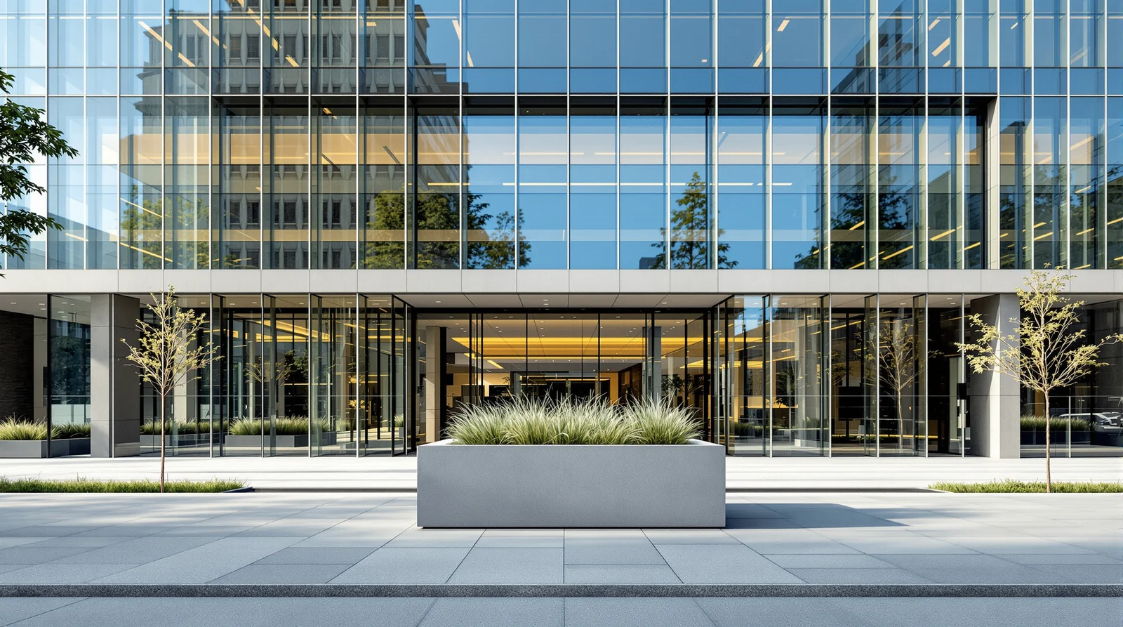 Pieza grande rectangular de concreto pulido frente a fachada corporativa