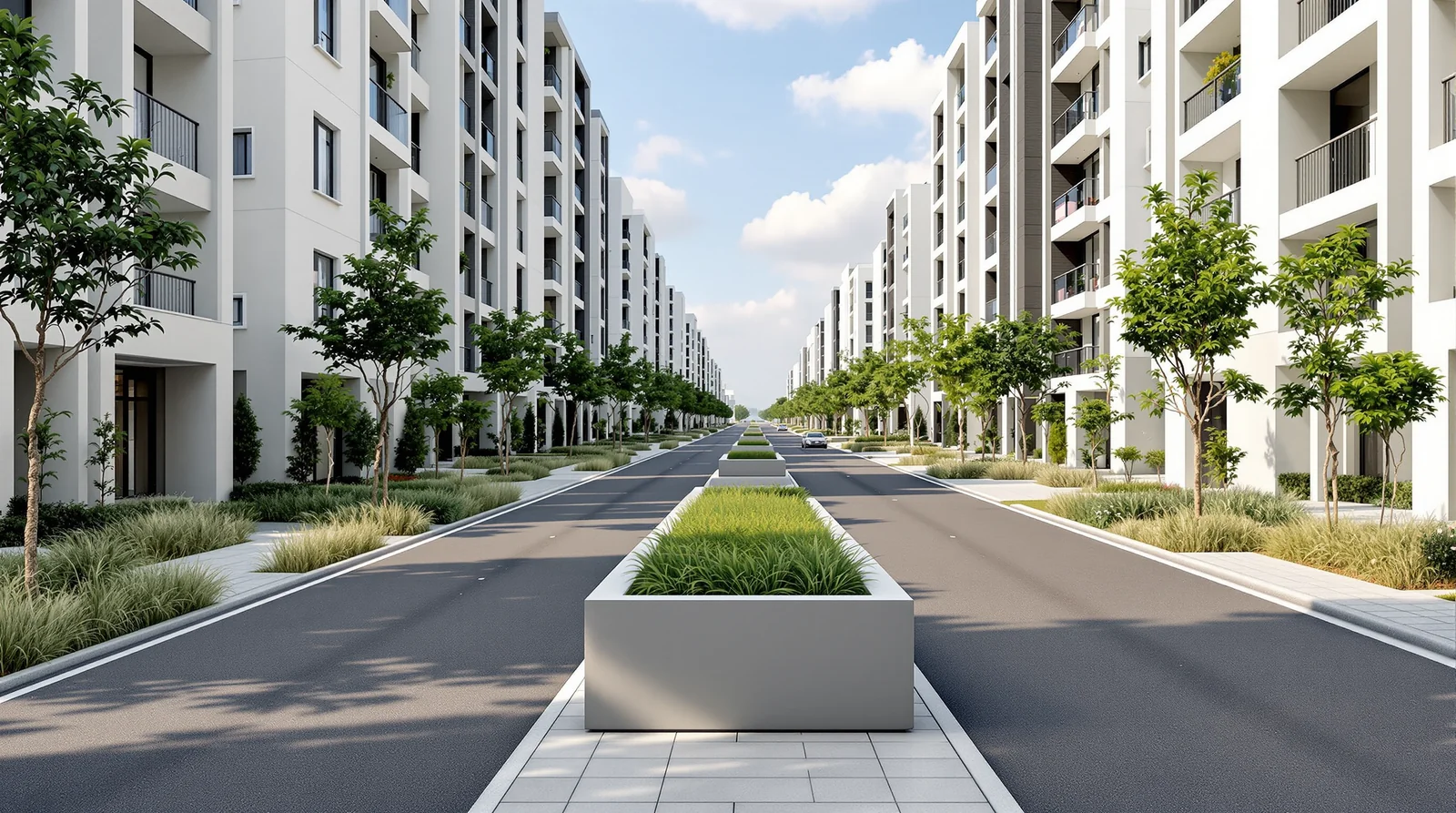 Vialidad interna de desarrollo residencial con jardineras de concreto