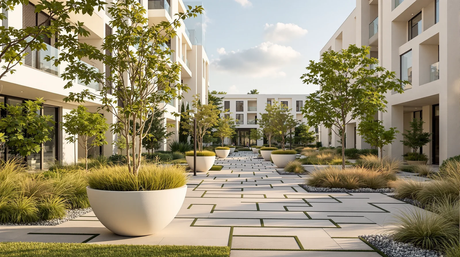 Maceta bowl en área común de desarrollo residencial premium