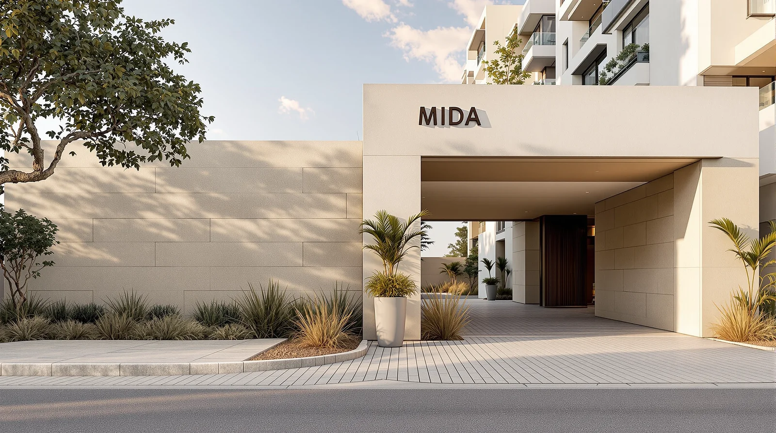 Maceta de gran formato en acceso de desarrollo residencial premium mexicano