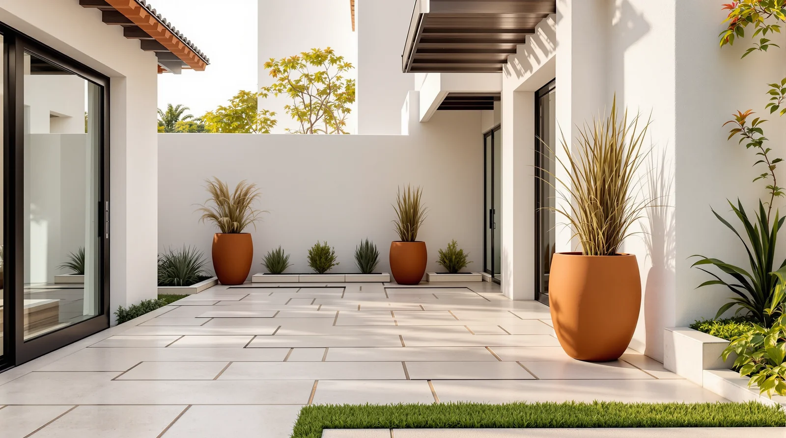 Macetas cilíndricas verticales de fibra de vidrio con acabado barro terracota en patio residencial mexicano