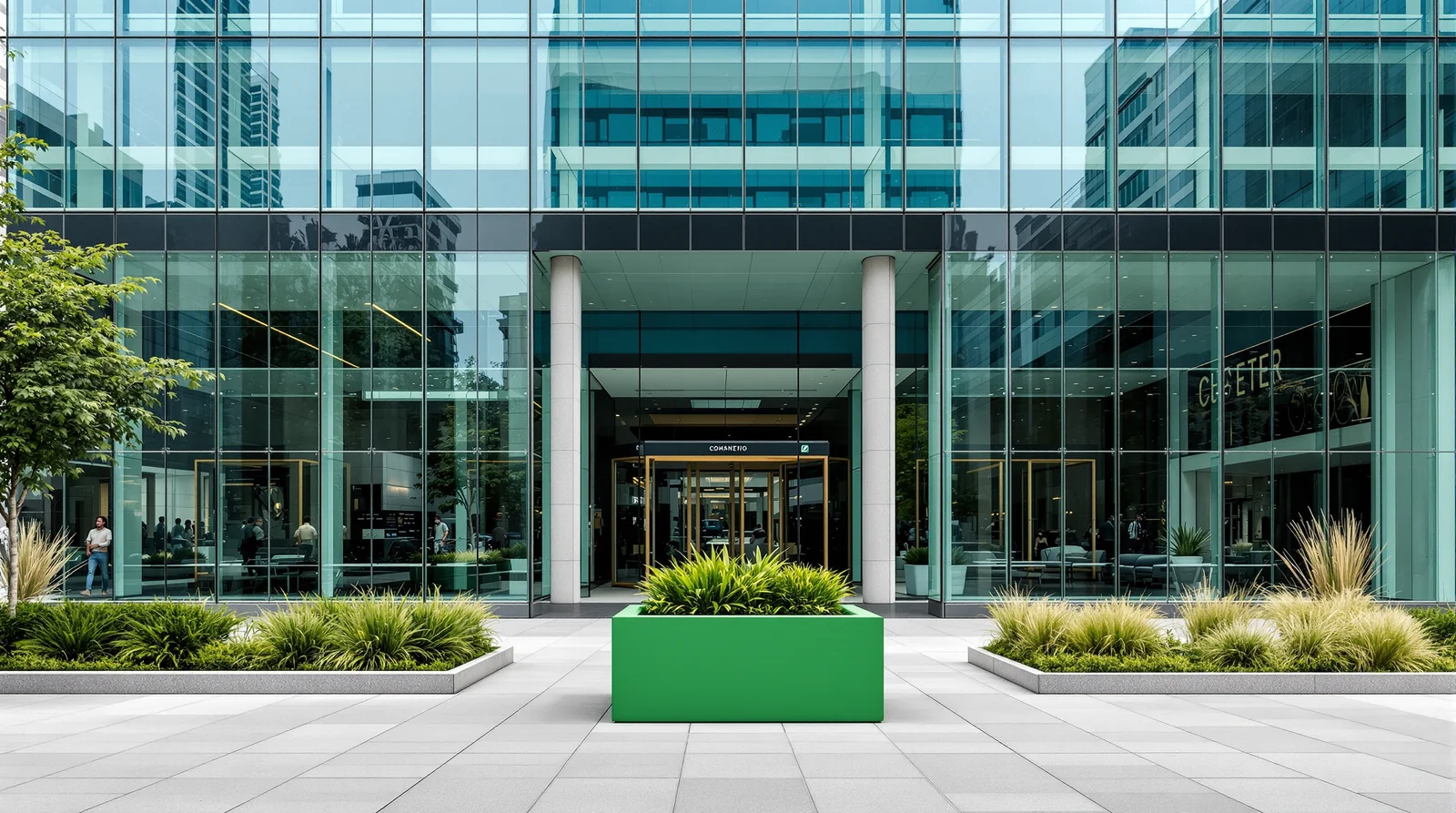 Maceta cubica de fibra de vidrio en color personalizado verde botánico saturado frente a fachada corporativa de cristal en CDMX