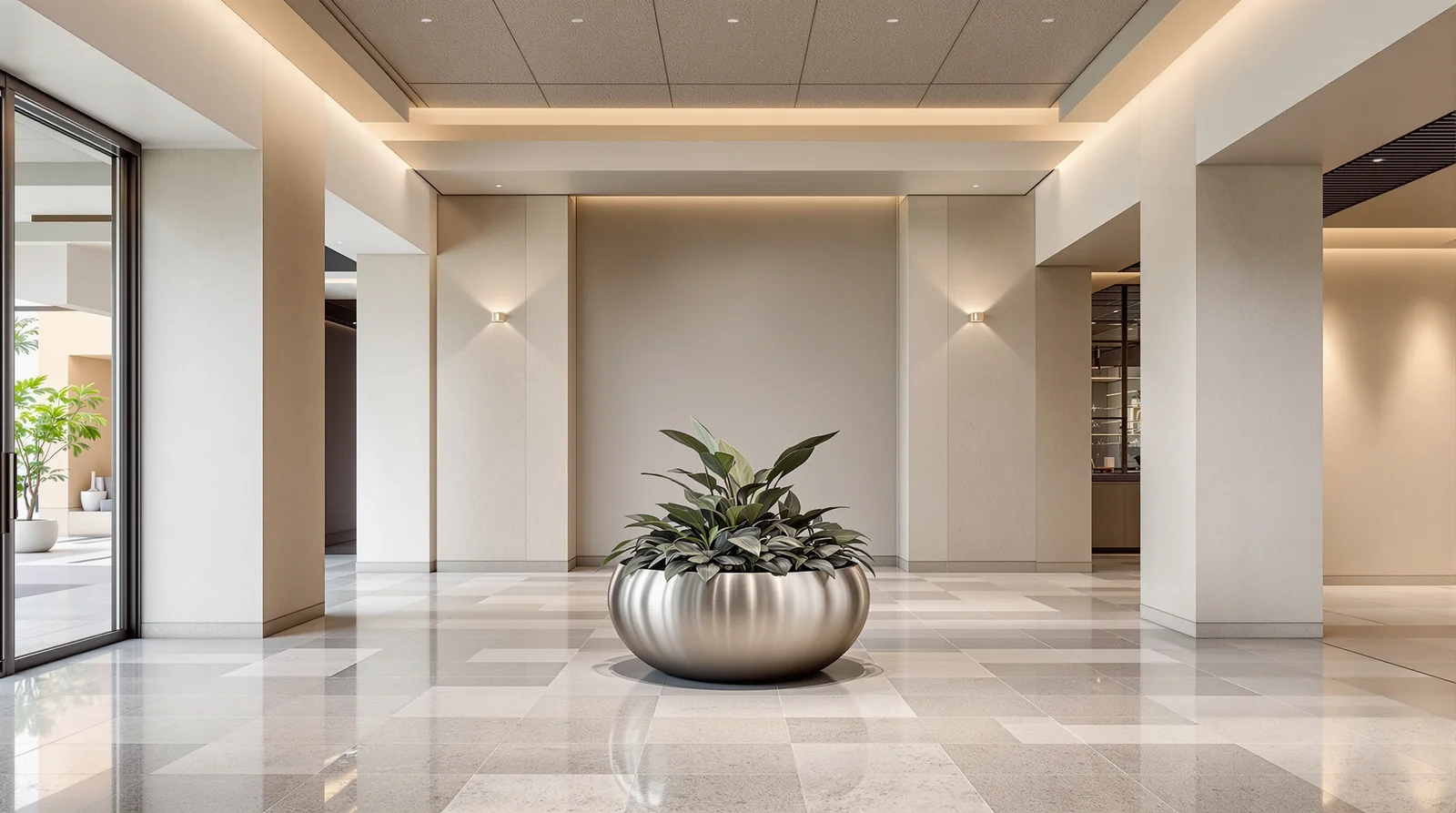 Maceta bowl de acero inoxidable pulido satinado plateado en lobby interior de hotel boutique mexicano, luz neutra