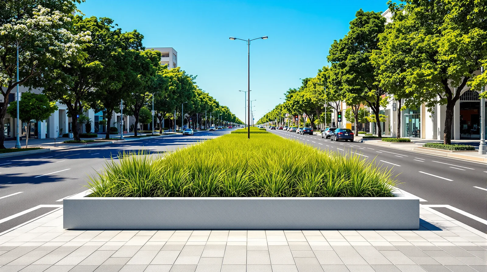 Camellón central de avenida urbana mexicana con jardinera de concreto