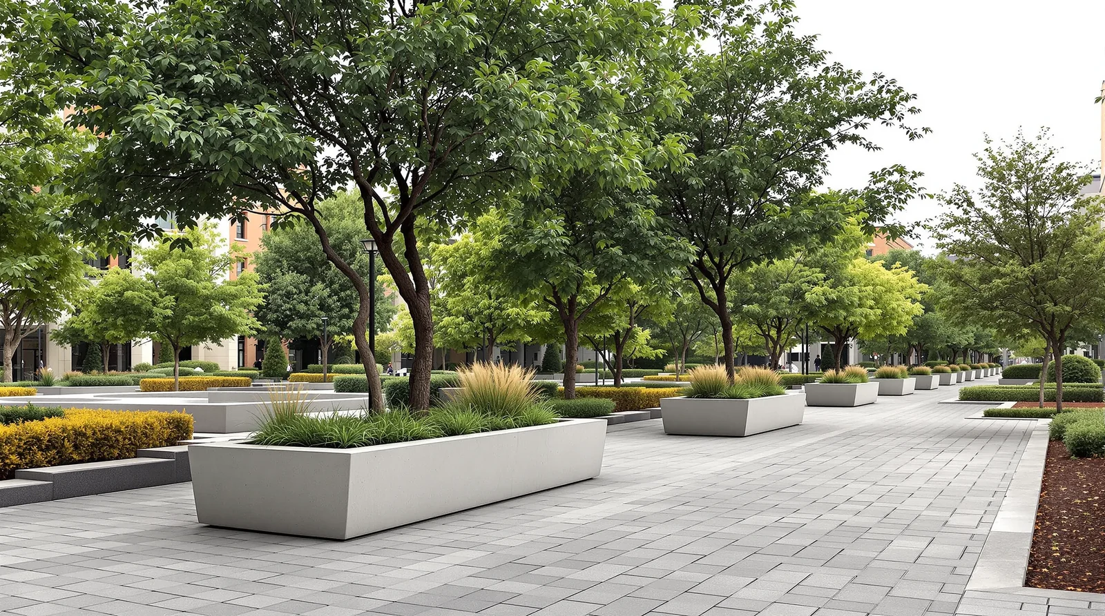 Macetería en parque urbano mexicano con bowl de concreto pulido
