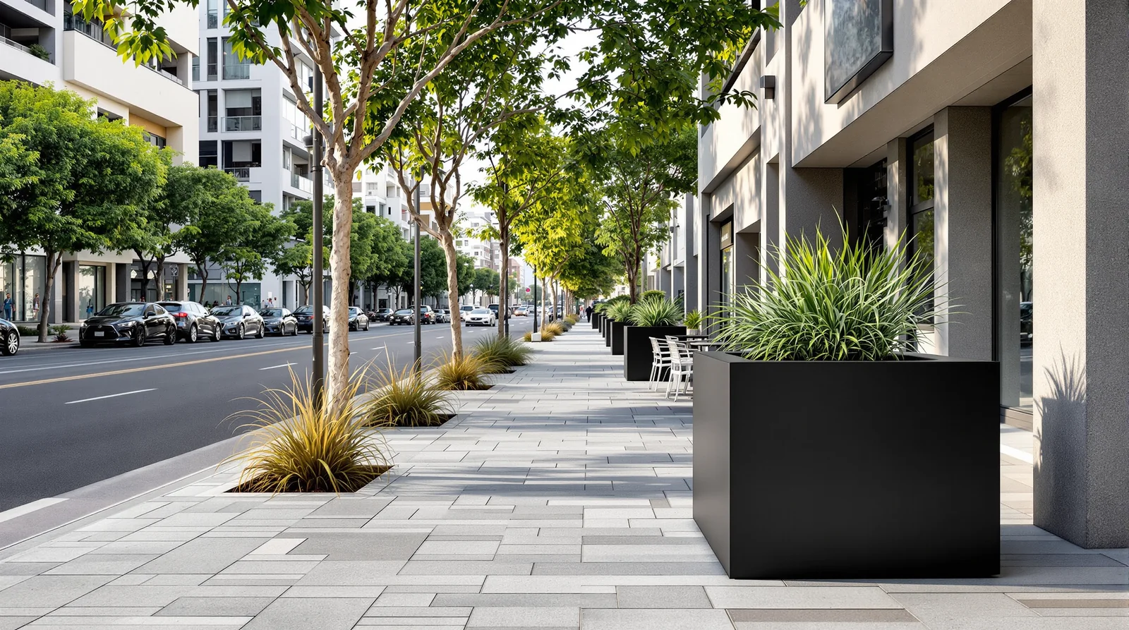 Cubo masivo de metálicas pintado en negro mate antivandálico en banqueta peatonal