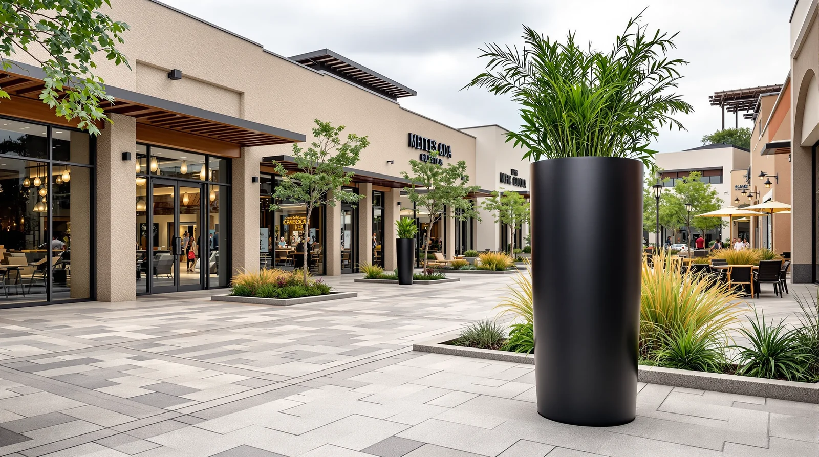 Maceta cilíndrica vertical de metálicas en negro mate en plaza comercial mexicana
