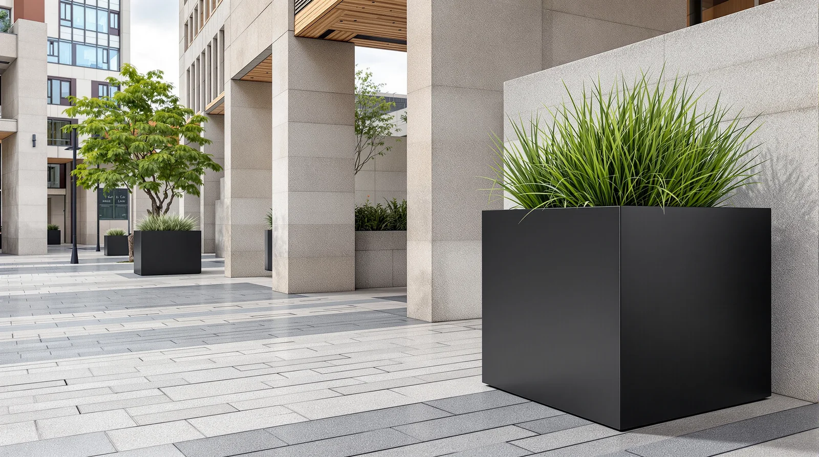 Maceta cubica de metálicas pintadas en negro mate epoxy en plaza pública mexicana
