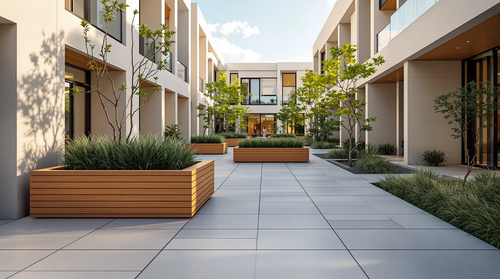 Maceta bowl bajo de plastimadera en patio común de desarrollo residencial mexicano, luz cálida atenuada