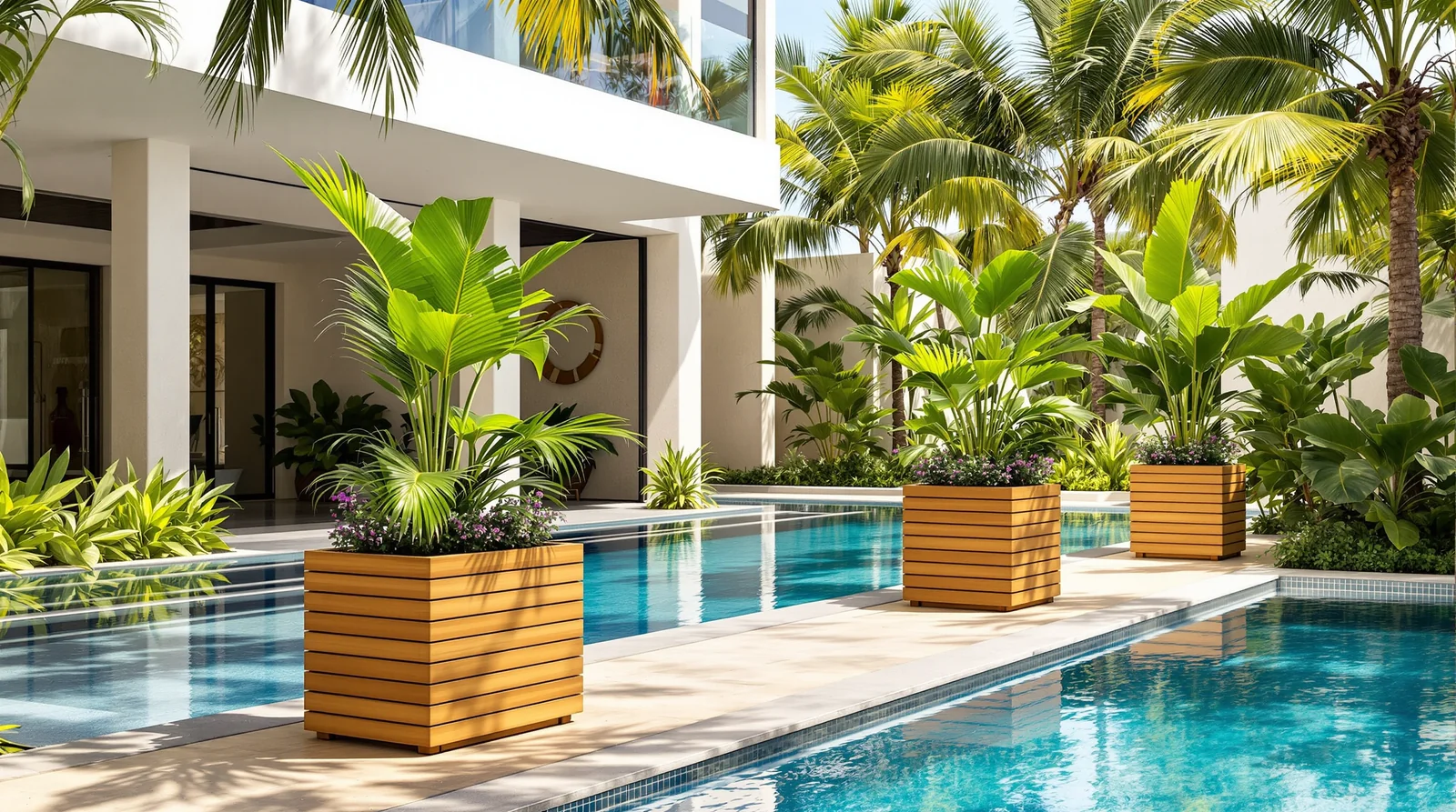 Macetas rectangulares de plastimadera con tablas horizontales en deck de alberca de hotel boutique