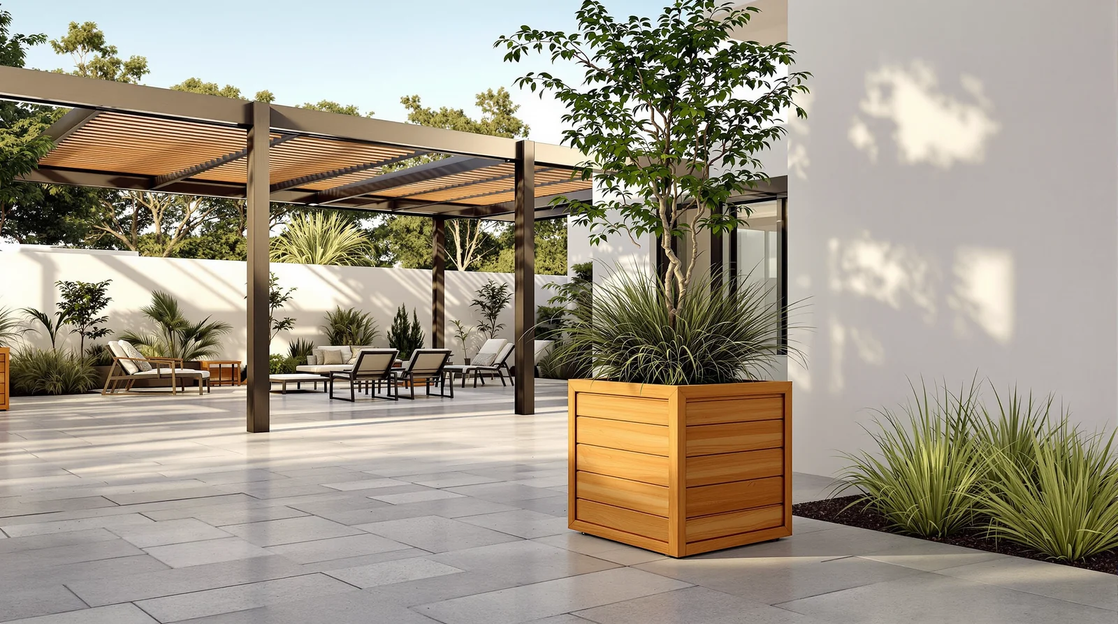 Cubo de plastimadera en terraza residencial premium